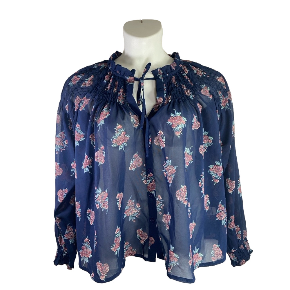 Hippie Laundry Navy pink Floral Lightweight and Flowy Peasant Top SKU0573